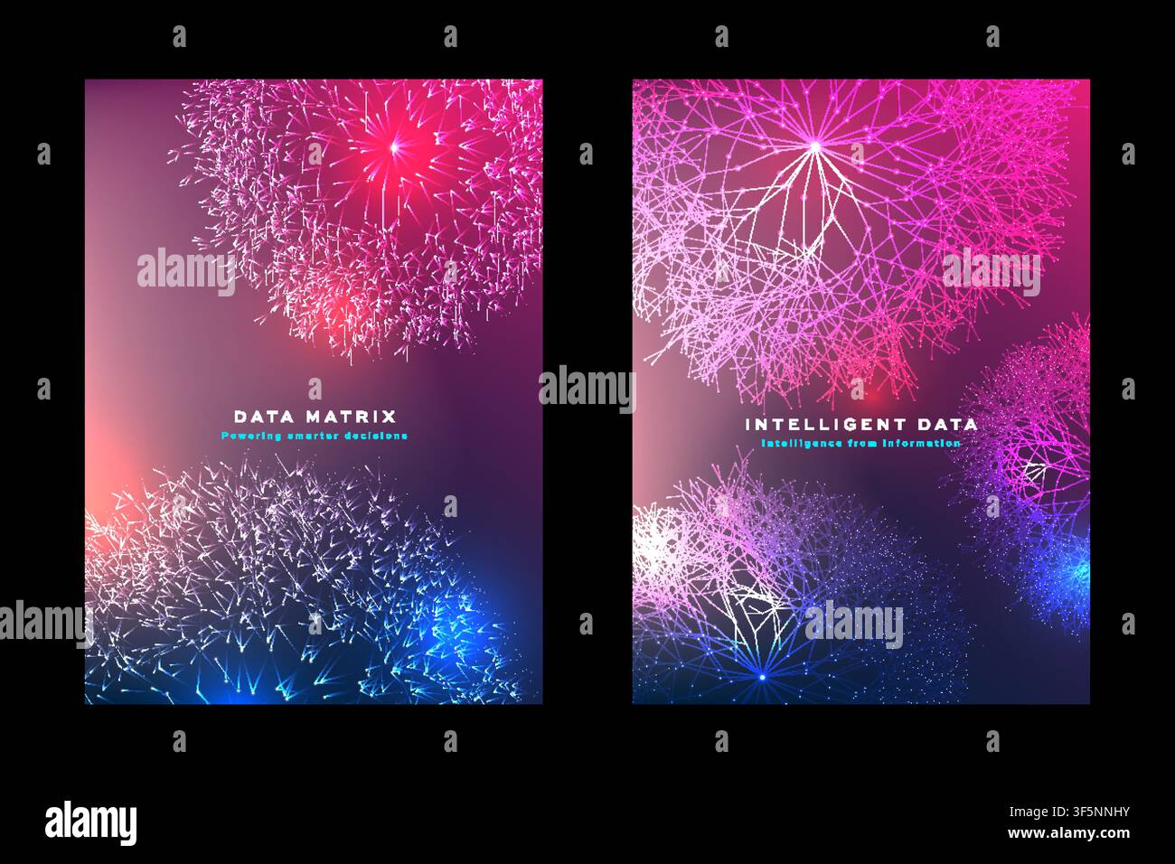 Data matrix technology poster set with neural network design, intelligent data connection, digital cover template. Stock Vector