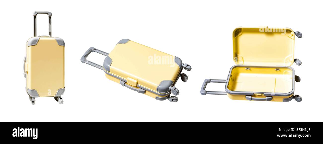 Yellow toy suitcase presenting travel and vacation concepts, isolated on white background Stock Photo