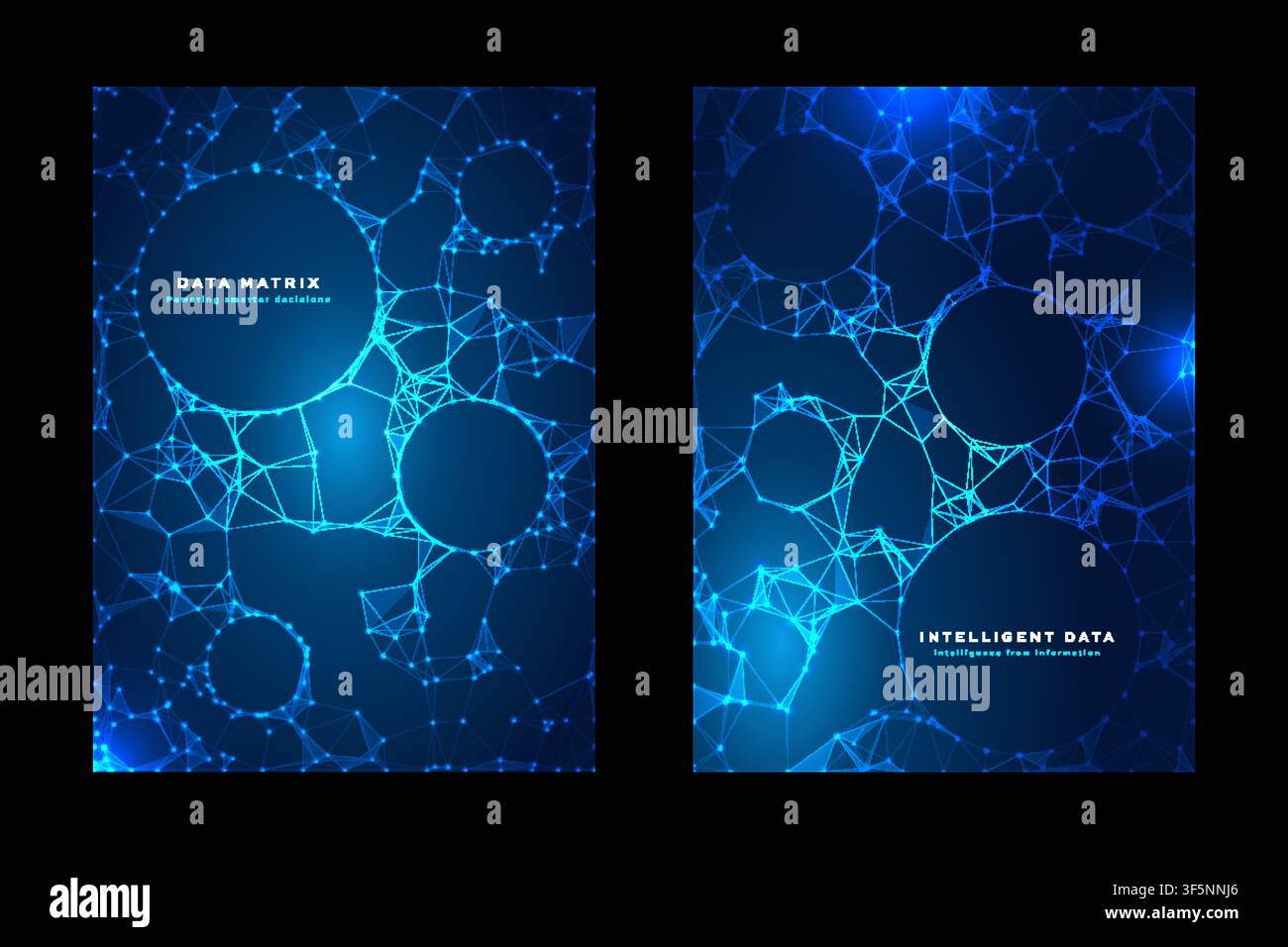 Data matrix intelligent poster set with blue network node design, digital technology, cover template design Stock Vector