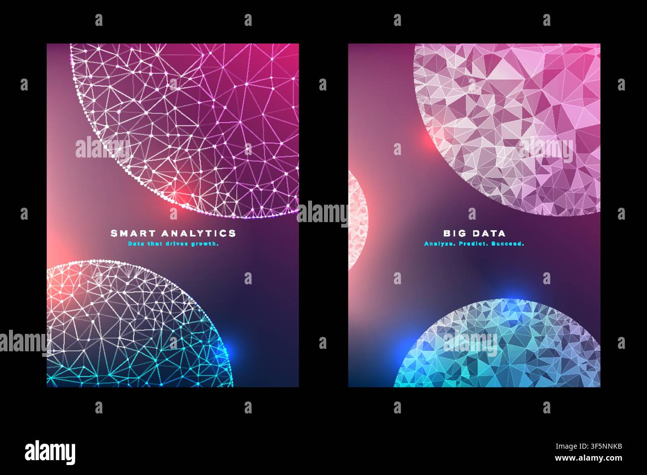 Smart analytics big data poster set with polygon network design, business technology, digital cover template. Stock Vector