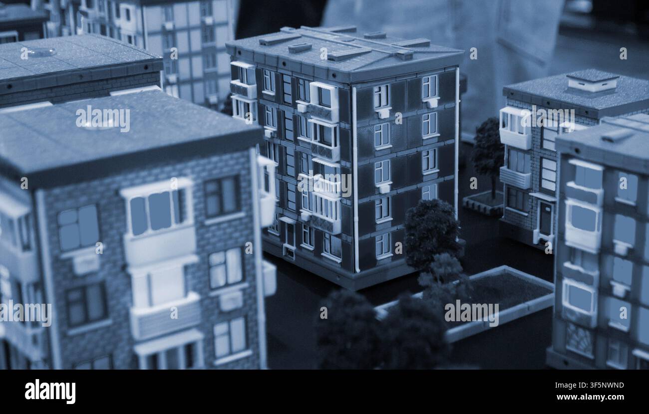 Art models buildings printed on 3D printer. Different objects created on 3D printer from molten plastic. 3D printed different objects. Modern new modern additive progressive technologies. 3D printing Stock Photo