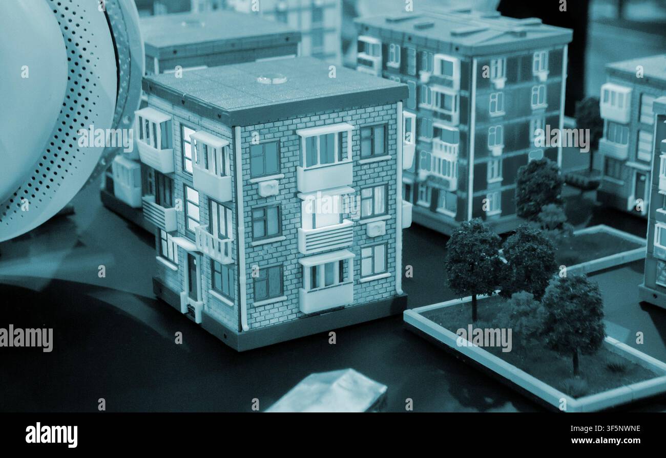 Art models buildings printed on 3D printer. Different objects created on 3D printer from molten plastic. 3D printed different objects. Modern new modern additive progressive technologies. 3D printing Stock Photo
