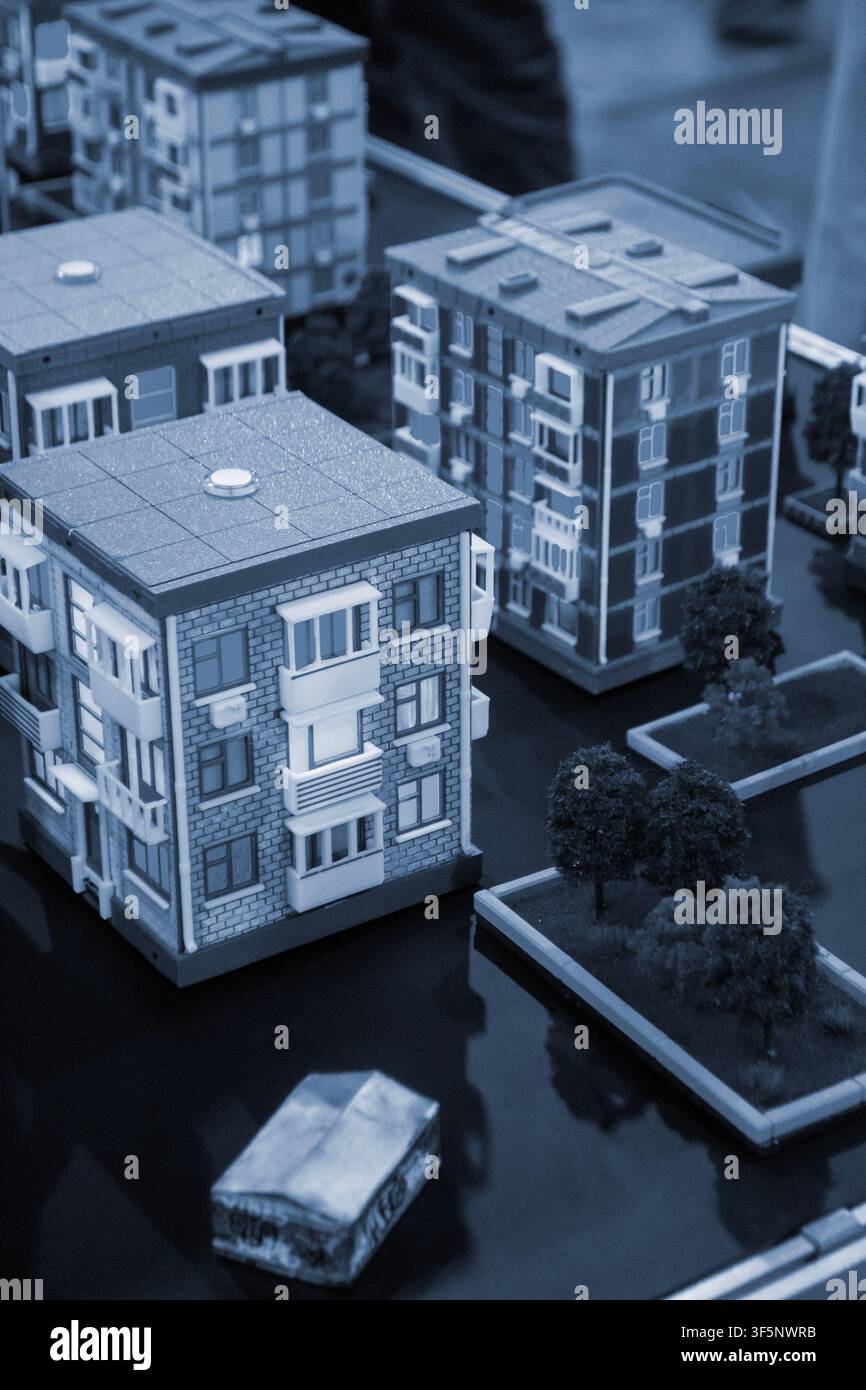 Art models buildings printed on 3D printer. Different objects created on 3D printer from molten plastic. 3D printed different objects. Modern new modern additive progressive technologies. 3D printing Stock Photo