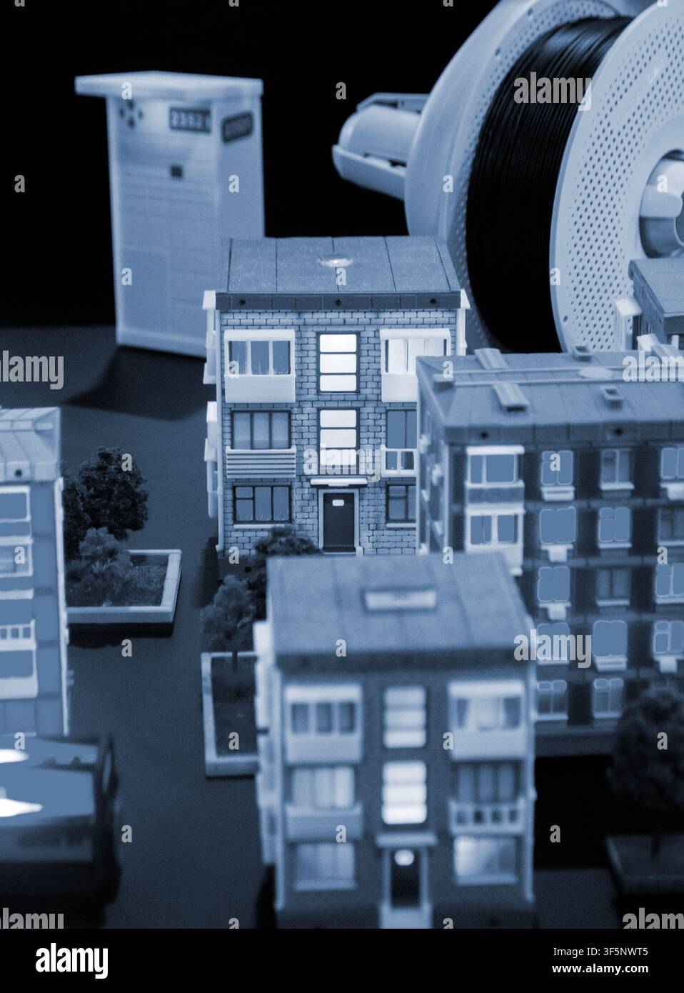 Art models buildings printed on 3D printer. Different objects created on 3D printer from molten plastic. 3D printed different objects. Modern new modern additive progressive technologies. 3D printing Stock Photo