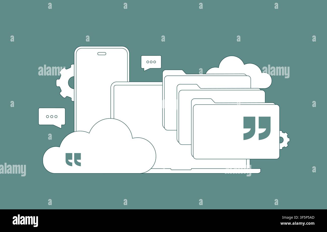 Cloud document management with centralized file storage, document synchronization and secure access across connected devices. Enterprise repository, cloud workspace and vector illustration. Stock Vector