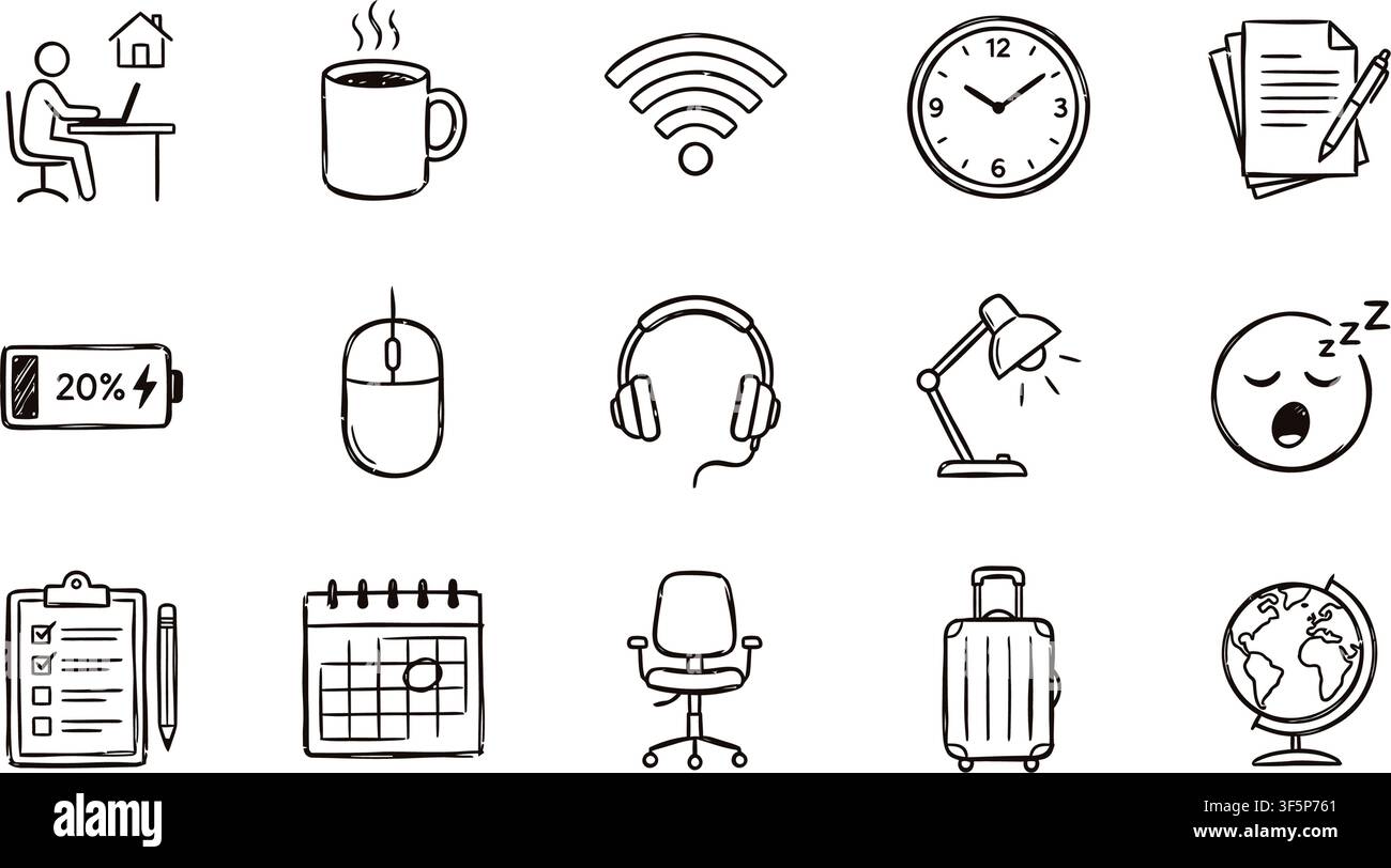 Work from home and telecommuting vector illustration collection showcasing remote lifestyle symbols productivity tools office gear and daily routine Stock Vector