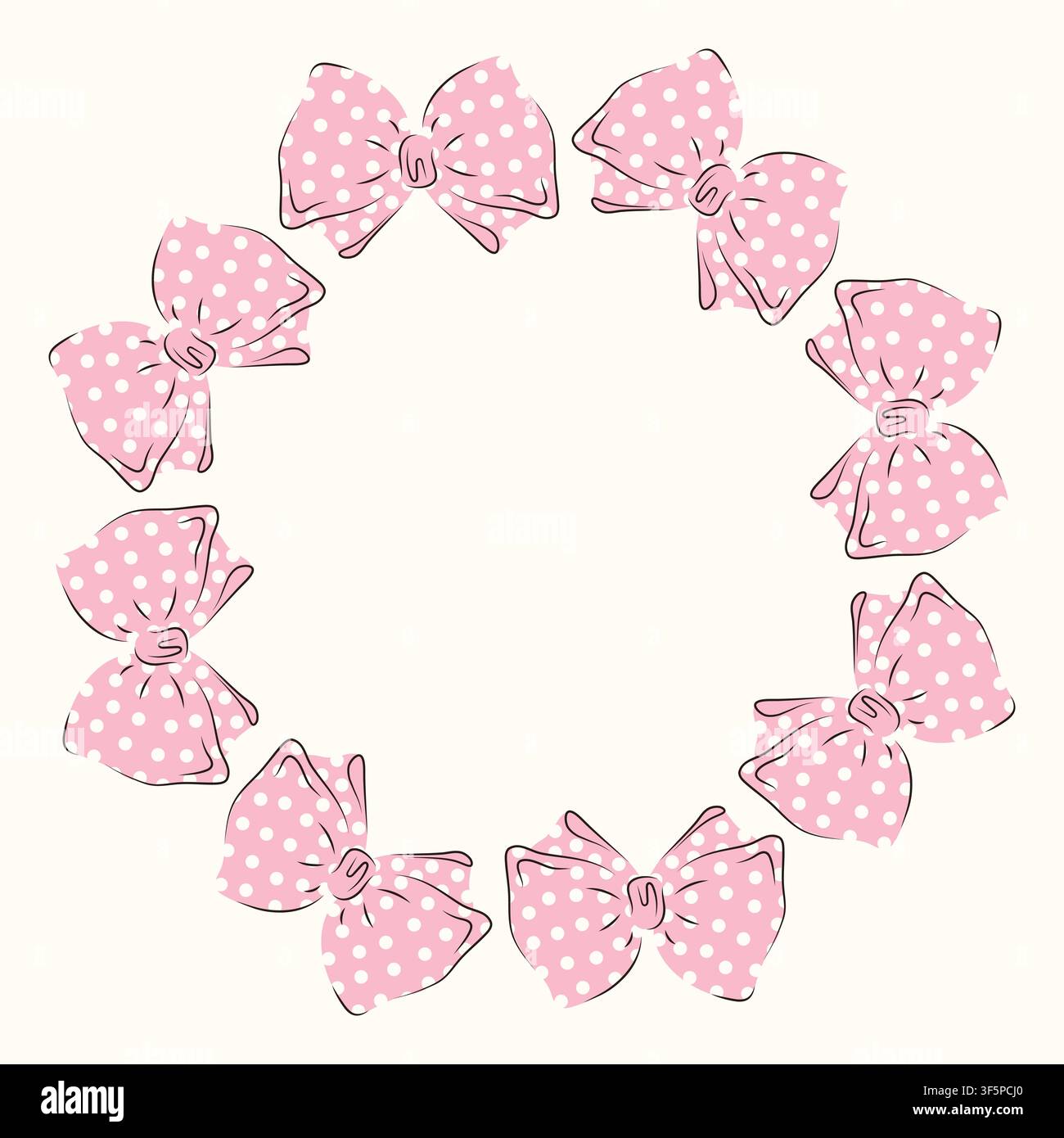Round wreath of hand-drawn delicate pink bows polka dots. Vector illustration of a feminine decorative Circular frame. Romantic Design template for girls. Stock Vector