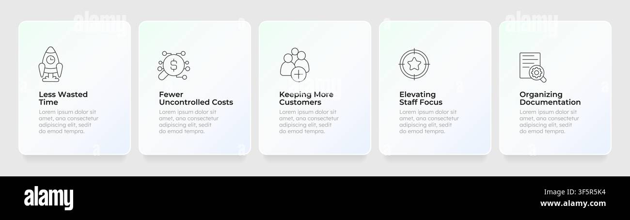 Operational workflows efficiently feature cards layout Stock Vector