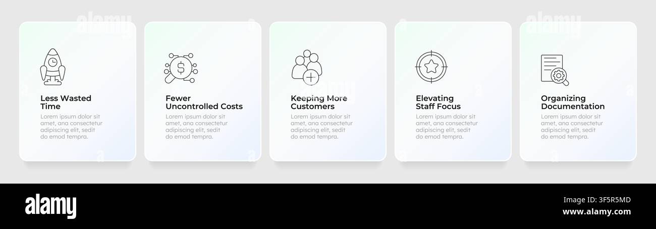 Operational workflows efficiently feature cards layout Stock Vector