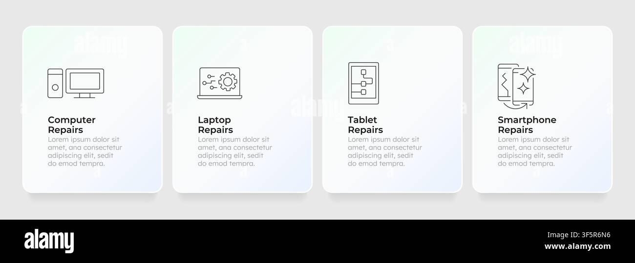 User friendly device maintenance feature cards layout Stock Vector