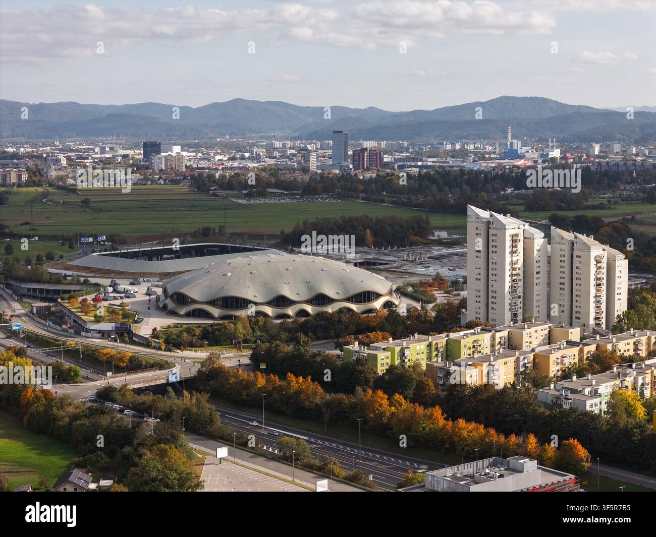 This view from a drone captures Ljubljana, the capital city of Slovenia, including arena and stadium. Stock Photo
