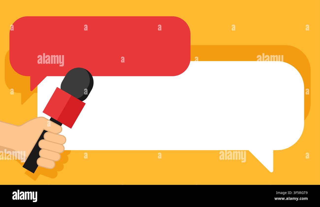 Hand holding microphone - Media interview with speech bubble dialog boxes. Vector illustration with copy space Stock Vector
