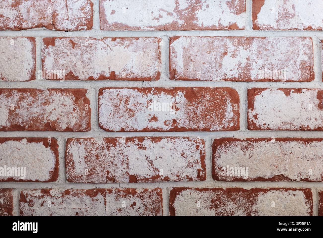 Whitewashed brick wall texture with rustic red masonry background. Stock Photo
