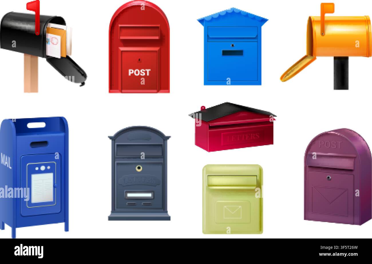 Realistic mailbox. 3d post mail letter box isolated postal retro letterbox envelope delivery postoffice apartment address letterboxes postbox mailboxes exact vector illustration original artwork Stock Vector
