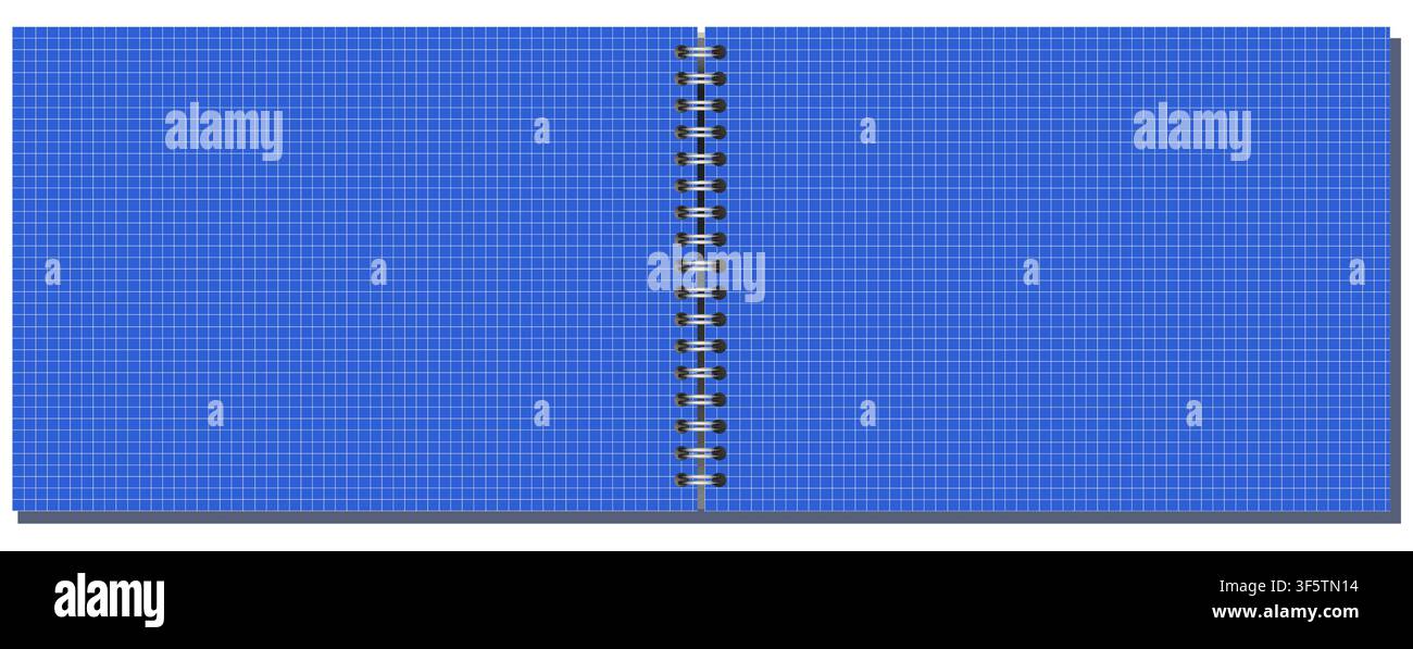 Pale Green engineering grid notebook page shows fine squared ruling, side wire binding, and wide landscape format on white background. Suitable for schoolwork, planning, stationery layouts, notes and Stock Vector