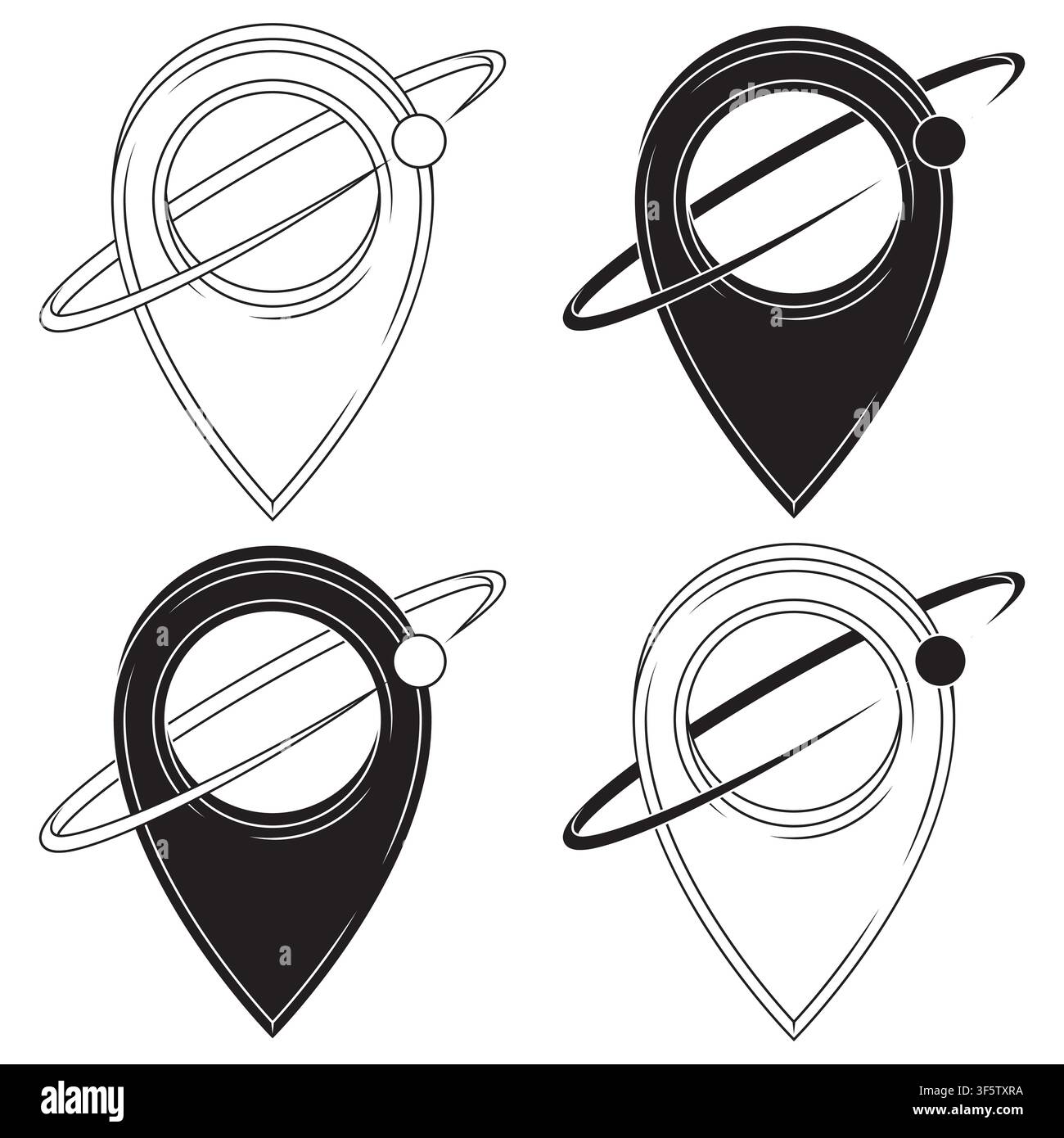 Representation of location symbol with ring surrounding it for maps and travel, in black and white with precise lines and clean contours. Stock Vector