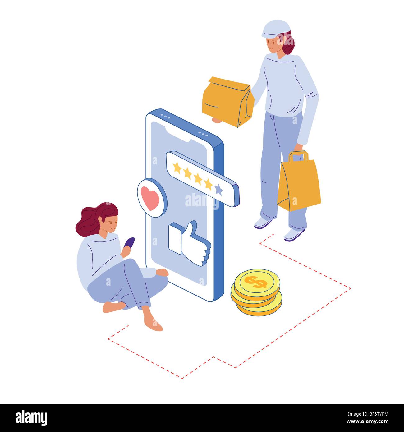 Online order by phone and delivery. Girl in uniform delivering food bags. Flat vector for courier services, food delivery app Stock Vector