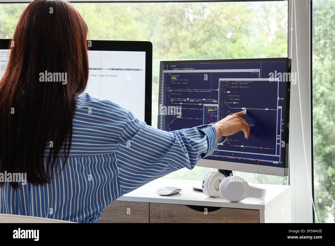 Female software developer pointing at code on a computer screen in a modern office setting, Back view Stock Photo