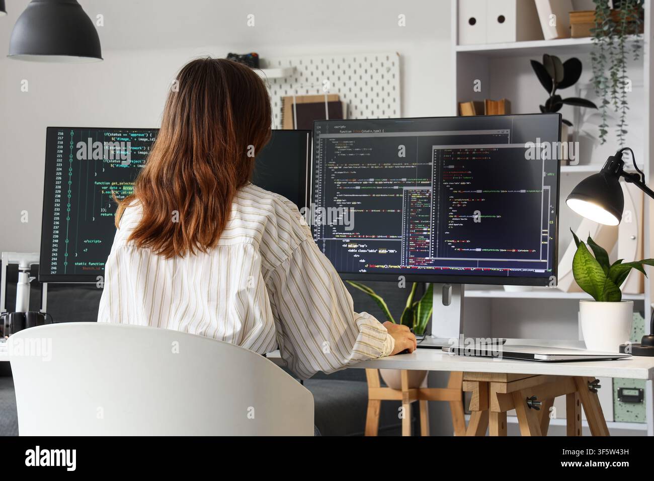 Computer Firewall Outdated Woman programming on multiple monitors hi-res stock photography and ...
