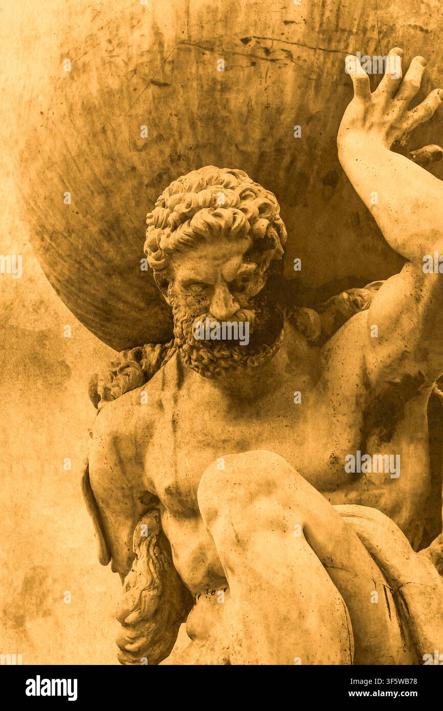 Statue of the Greek God Atlas holding the globe on his shoulders.  On a sepia grunge textured background backdrop. Stock Photo