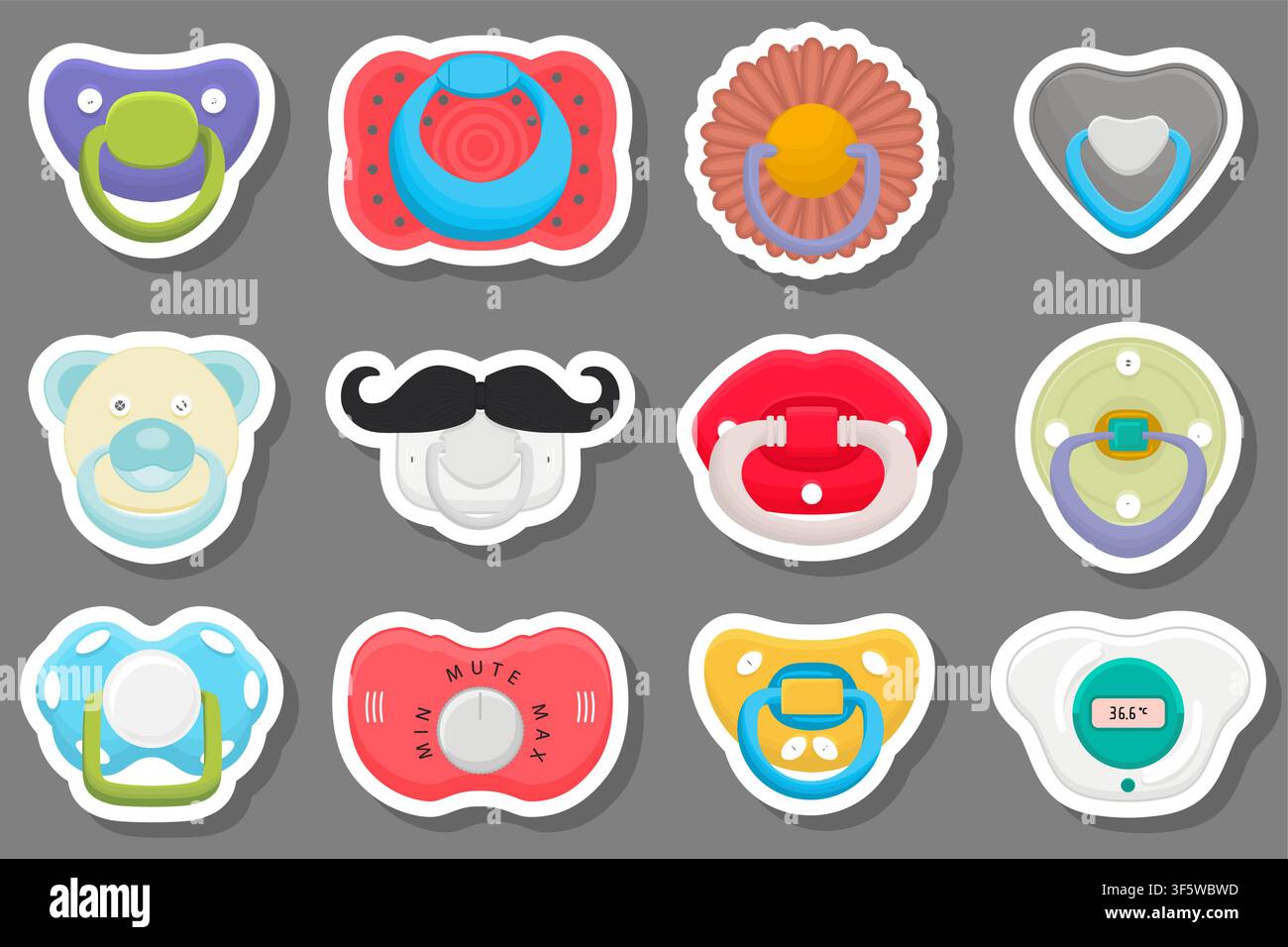 Illustration on theme big colored set baby pacifiers, dummy with rubber nipple, baby pacifiers consisting of collection to newborn, good dummy nipple, Stock Vector