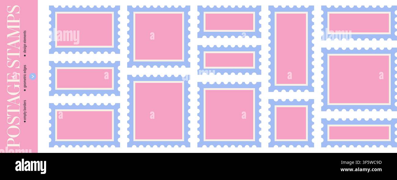 Postage stamp frames with scalloped edges. Empty templates in square and rectangular shapes Stock Vector
