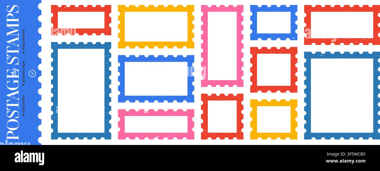 Postage stamp frames with scalloped edges. Textured grunge borders. Empty rectangular templates for mail and label design Stock Vector