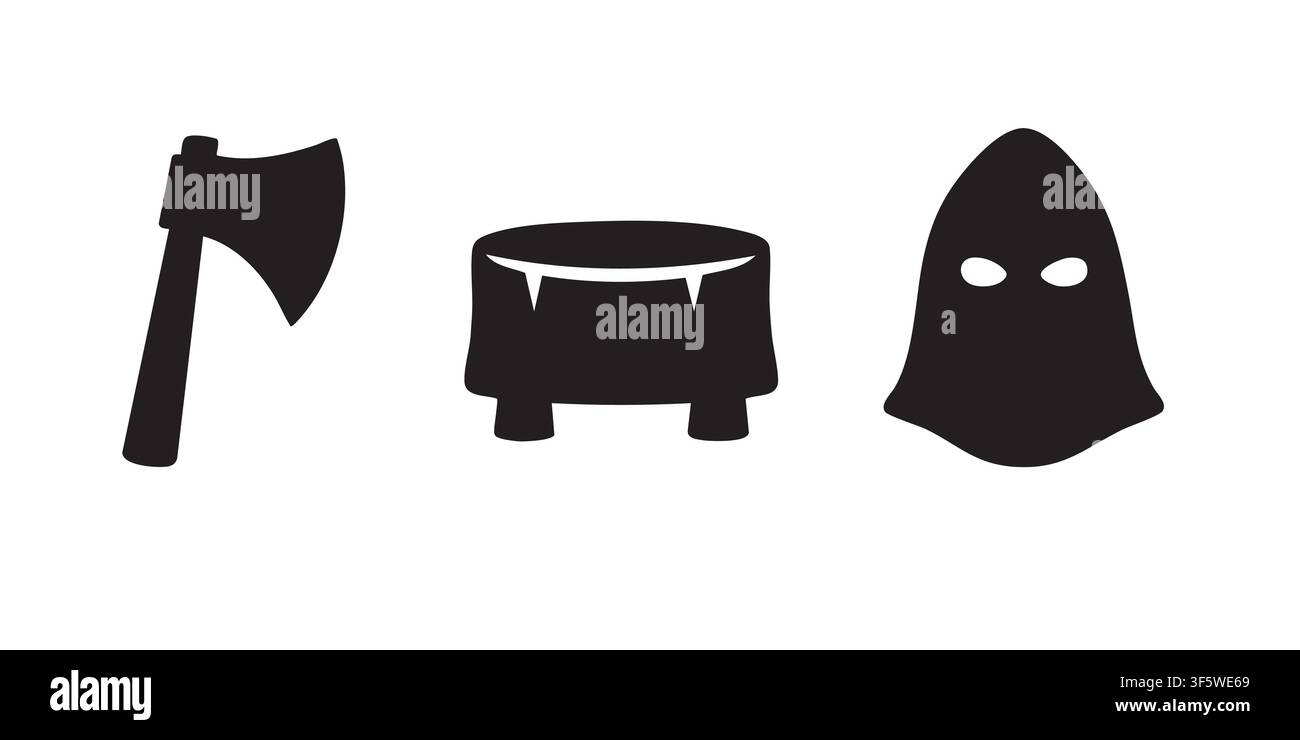 Black Silhouette Vector Set of Axe, Cauldron and Hooded Figure Medieval Icons Stock Vector