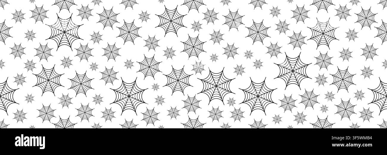 horizontal seamless black spider web on white for pattern and background. Stock Vector