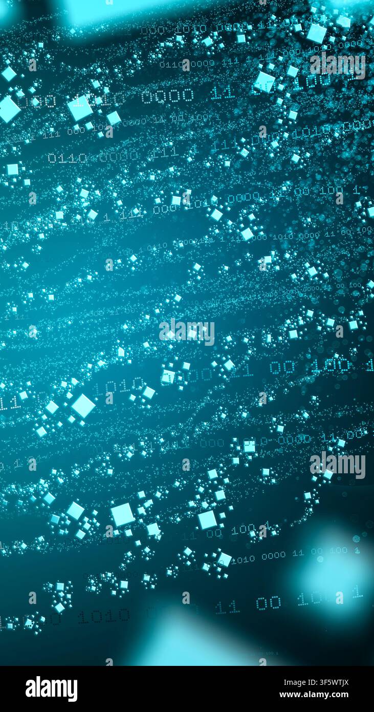 Abstract Technology Background with Binary Code and Glowing Particles Stock Photo