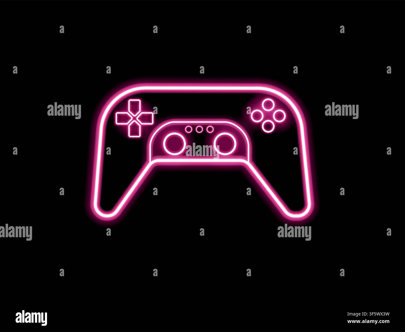 Game console symbol. Gamepad for video, 3D, VR, AR. Bright neon modern gadget on black background. Stock Vector