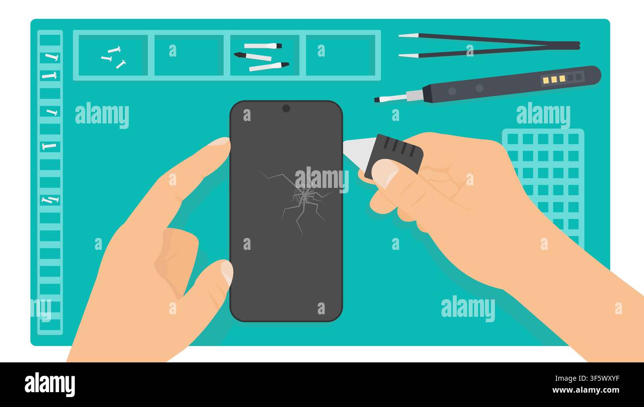 Smartphone Screen Repair With Tools Stock Vector