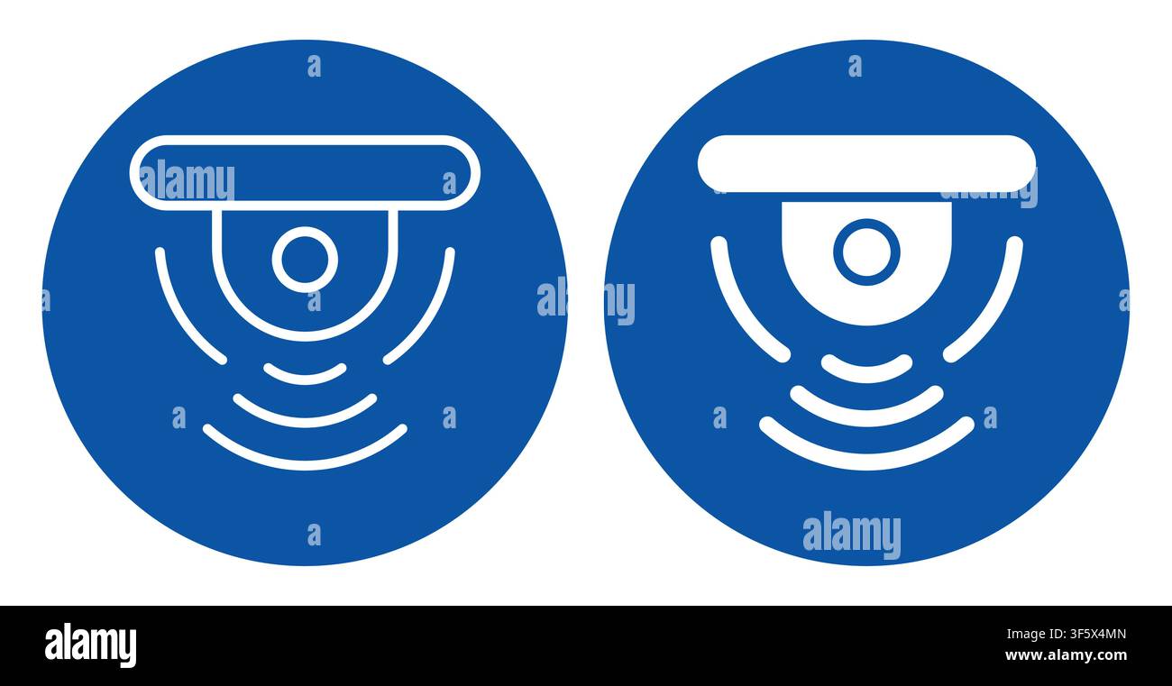 Two security camera icons on blue circular backgrounds feature signal waves. These modern designs represent surveillance technology, safety, and monit Stock Vector
