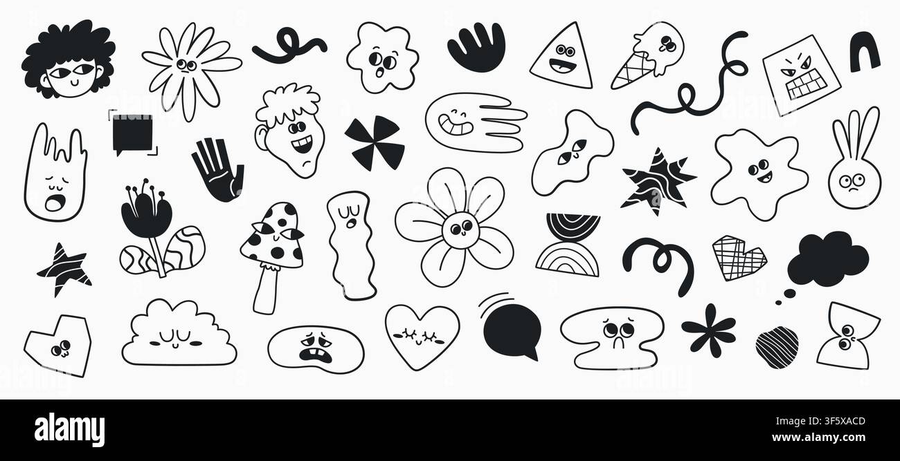 Funky naive art set. Doodle illustrations. Vector Stock Vector
