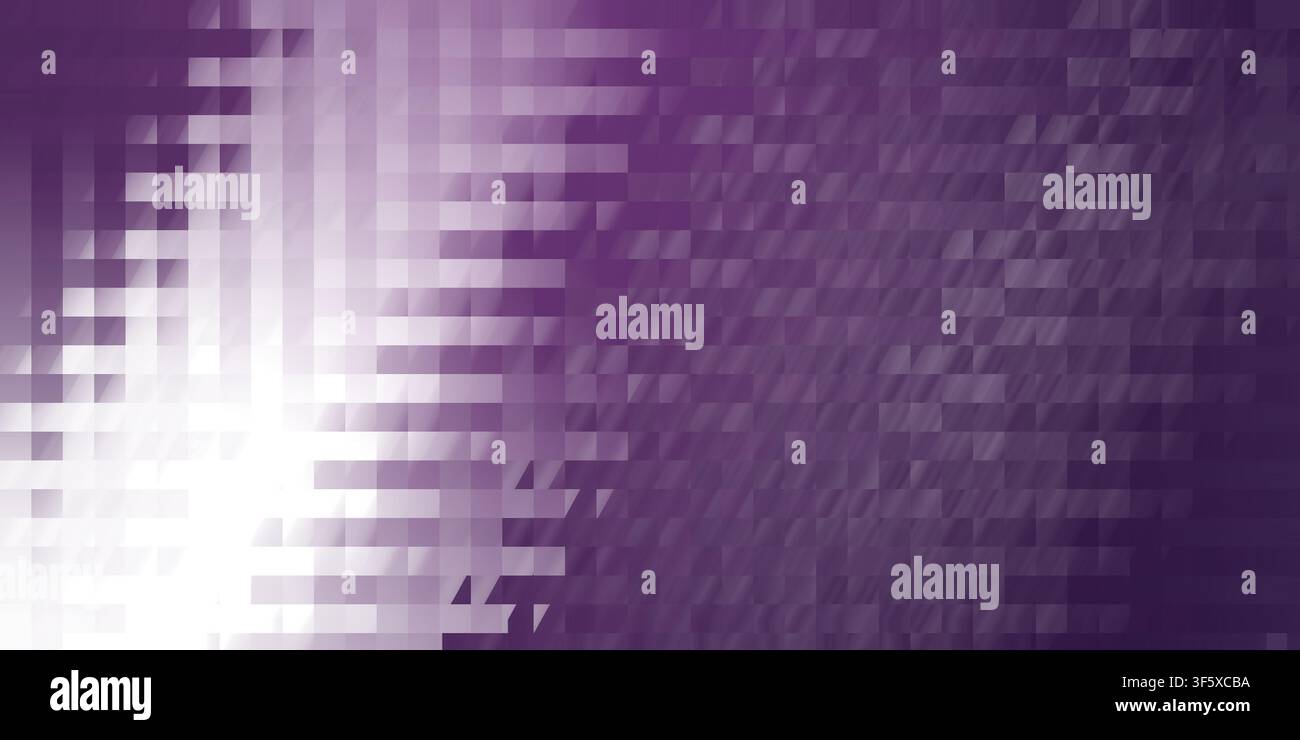 A bright abstract background featuring a grid of rectangular purple pixel blocks, with a strong light source effect in the corner creating a gradient. Stock Photo