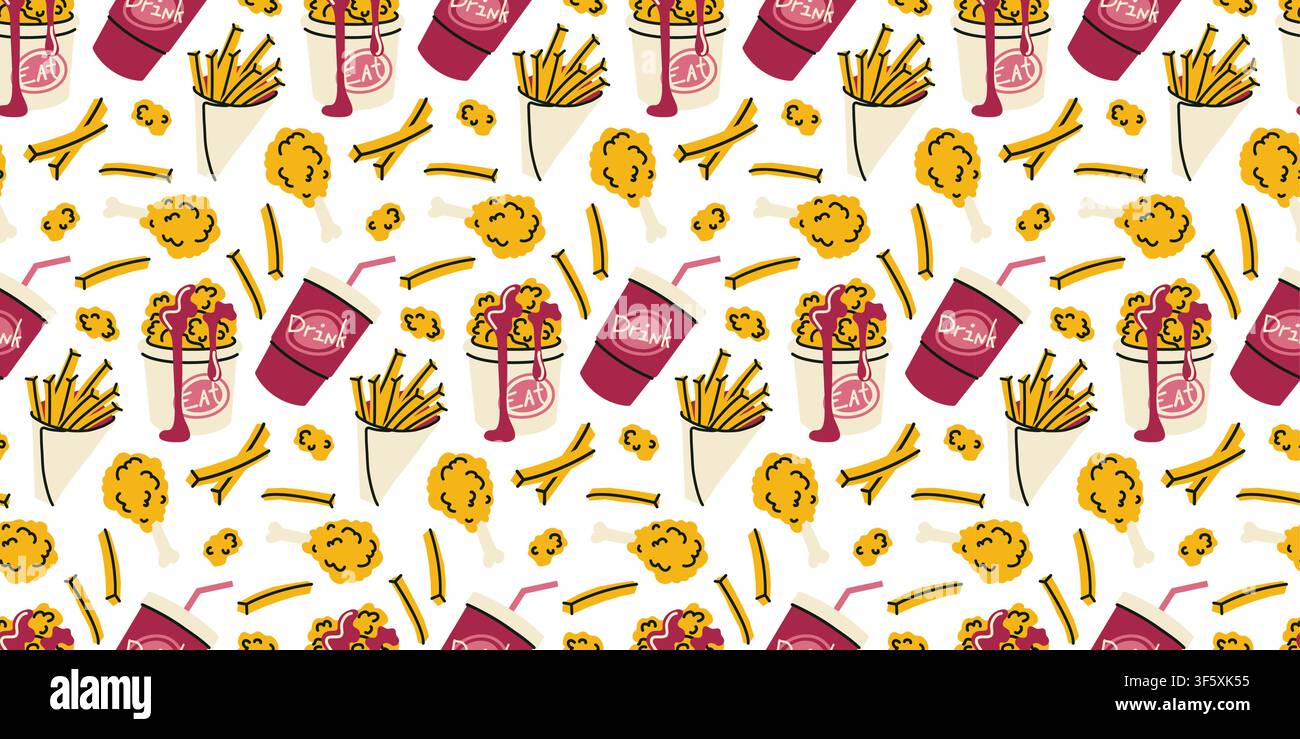French fries and fried chicken seamless pattern hand drawn vector Stock Vector