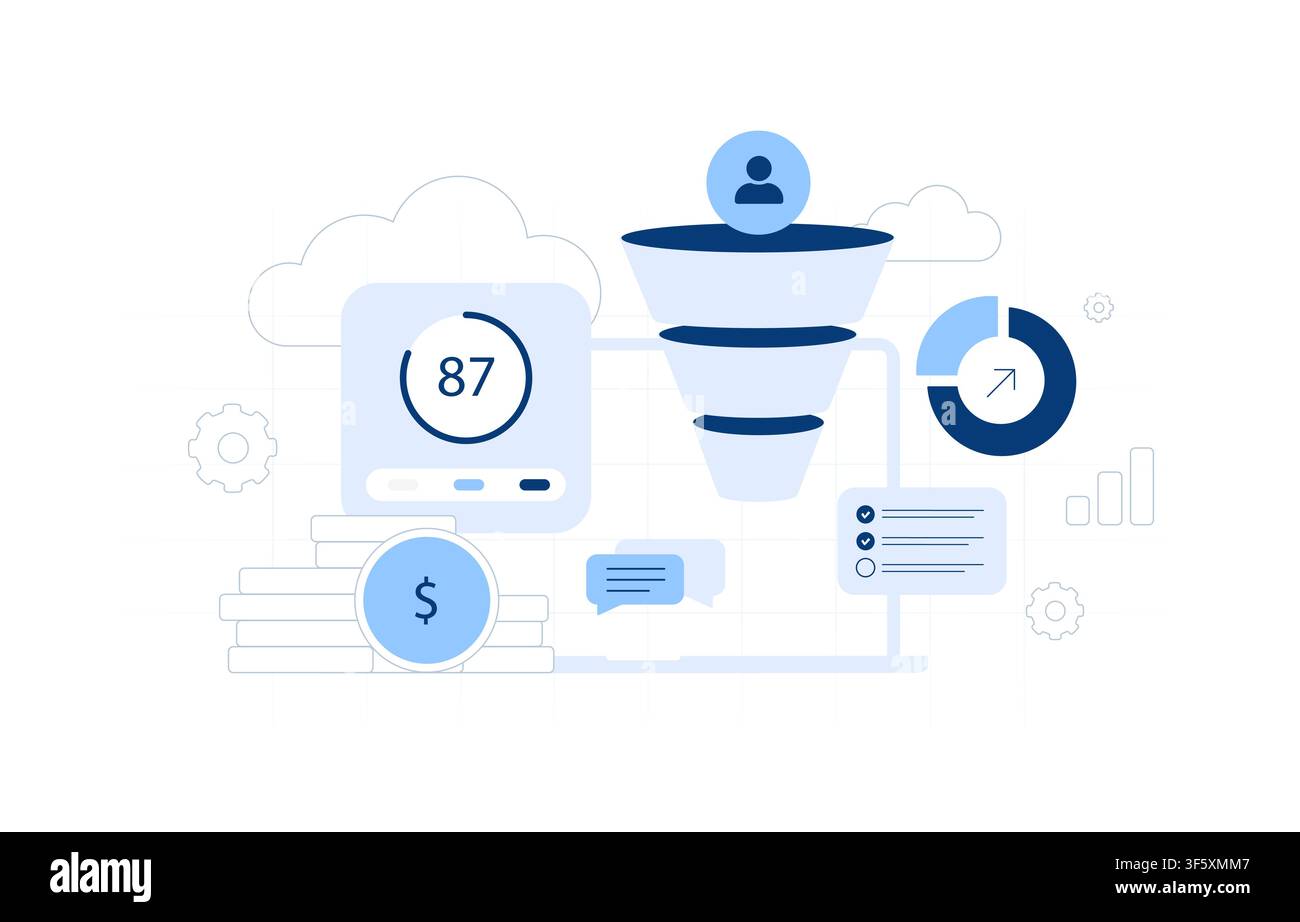 Lead qualification score with predictive lead analysis, sales readiness assessment, CRM prioritization. Conversion potential and pipeline optimization for smarter sales decisions vector illustration. Stock Vector