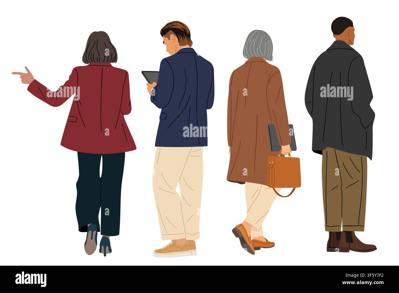 Four professionals walk forward engaged in work. Stock Vector