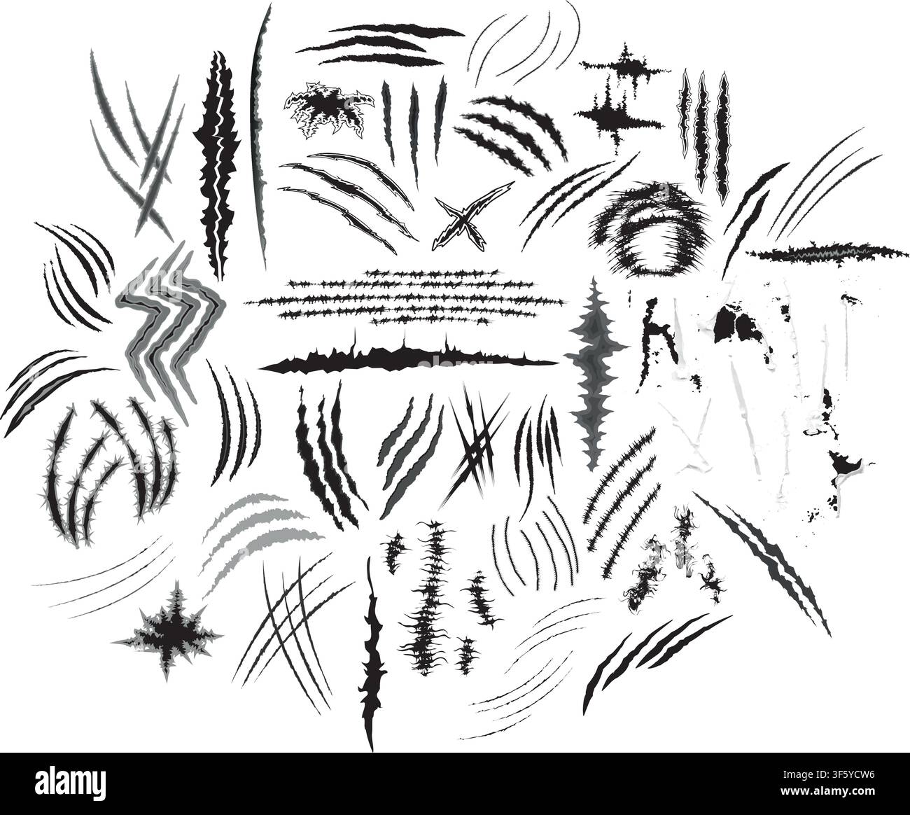 Distinct scratch claw mark vector icons comprehensive collection. Set features various slashes, animal gouges, rough cuts, and damaged surface marks i Stock Vector