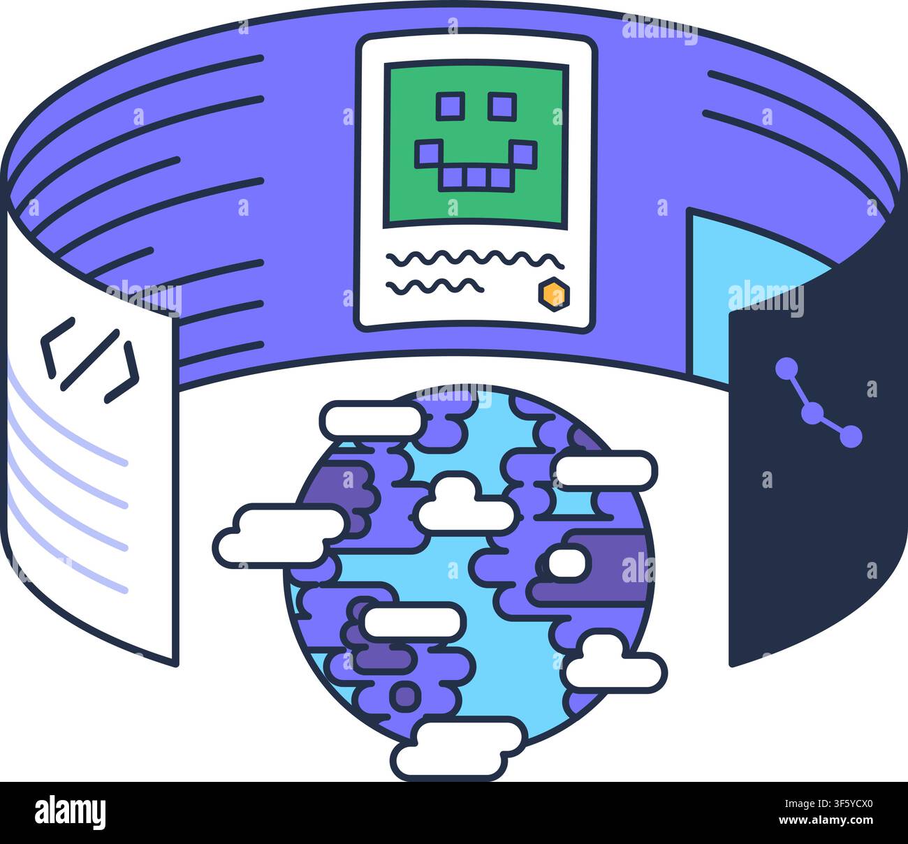 Blockchain technology icon with digital globe, processor, and decentralized network for fintech platform, cryptocurrency services, mobile application, Stock Vector