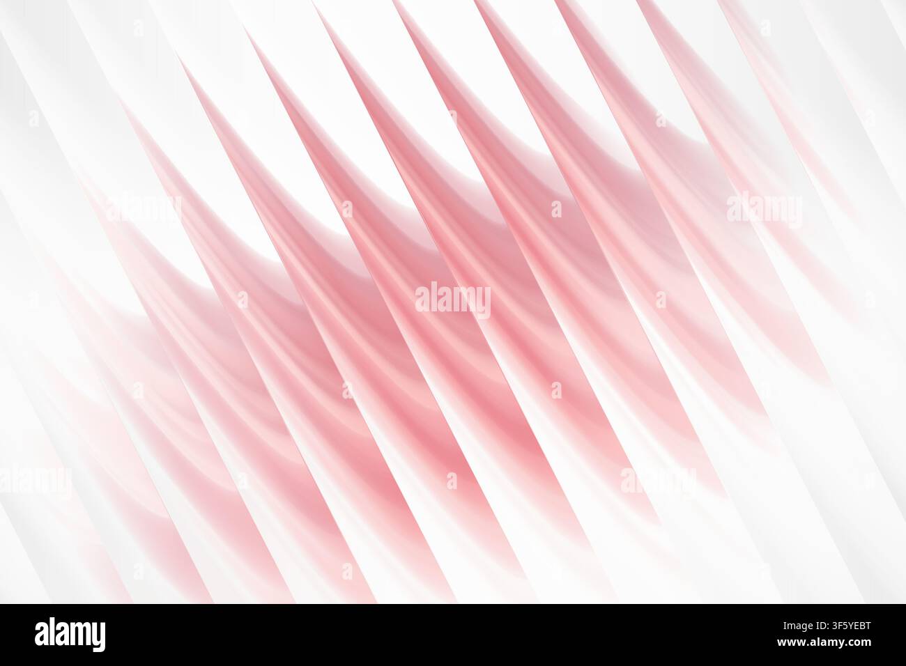 A high-resolution abstract 3D render featuring repeating diagonal, wave-like layered structures with a soft pink and white gradient, isolated on white Stock Photo