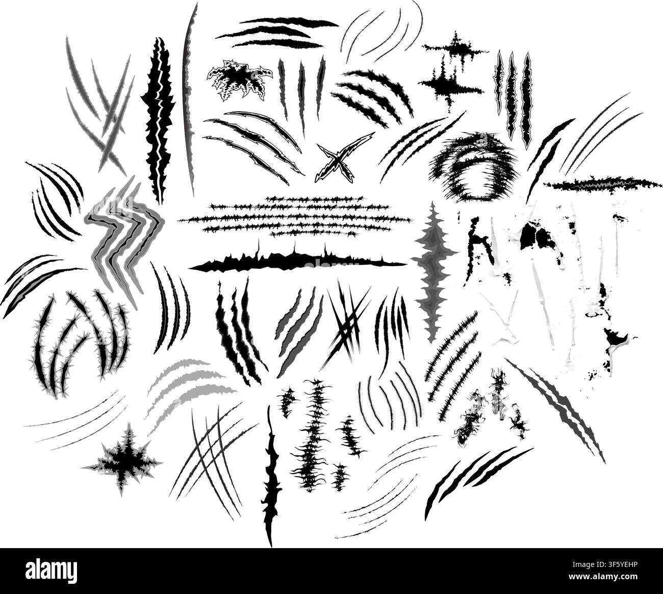 Distinct scratch claw mark vector icons comprehensive collection. Set features various slashes, animal gouges, rough cuts, and damaged surface marks i Stock Vector