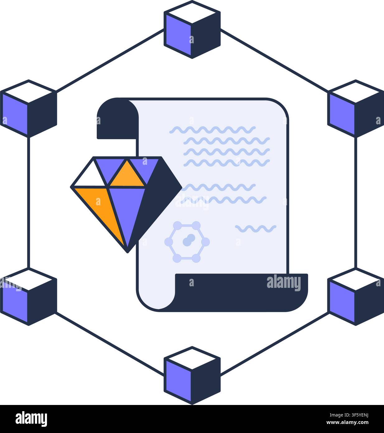 Blockchain smart contract icon with digital document and cryptocurrency token for decentralized finance, fintech platform, mobile application, website Stock Vector