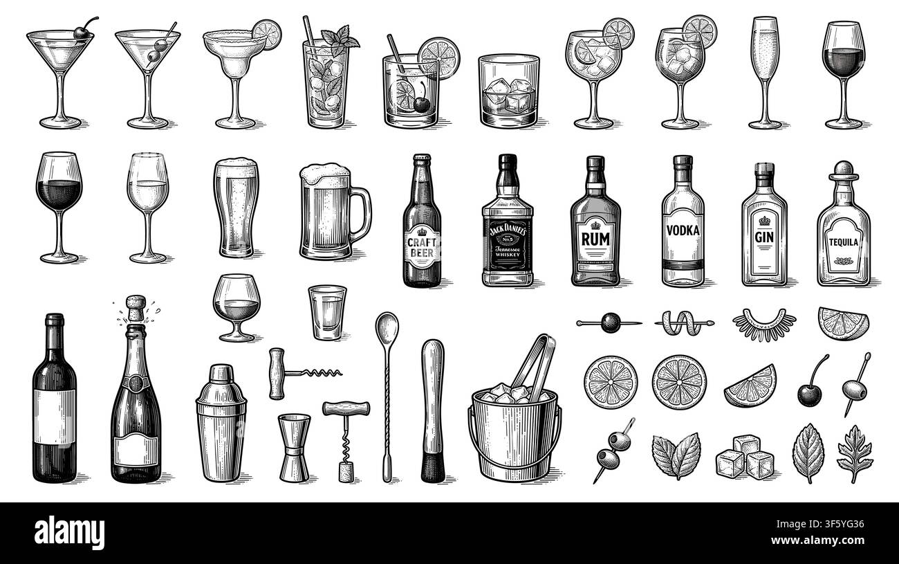 Vector set of bottles for alcohol. Stock Vector