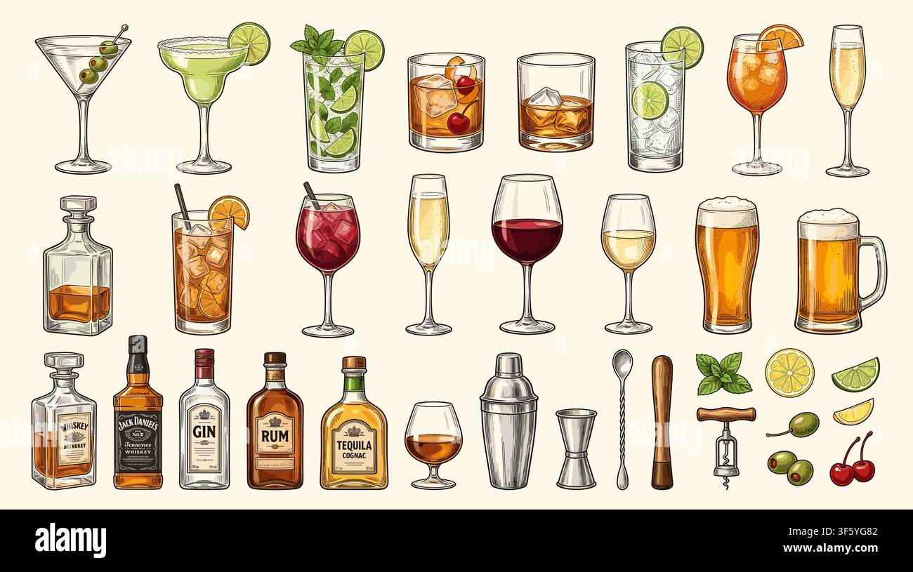 Vector set of bottles for alcohol. Stock Vector