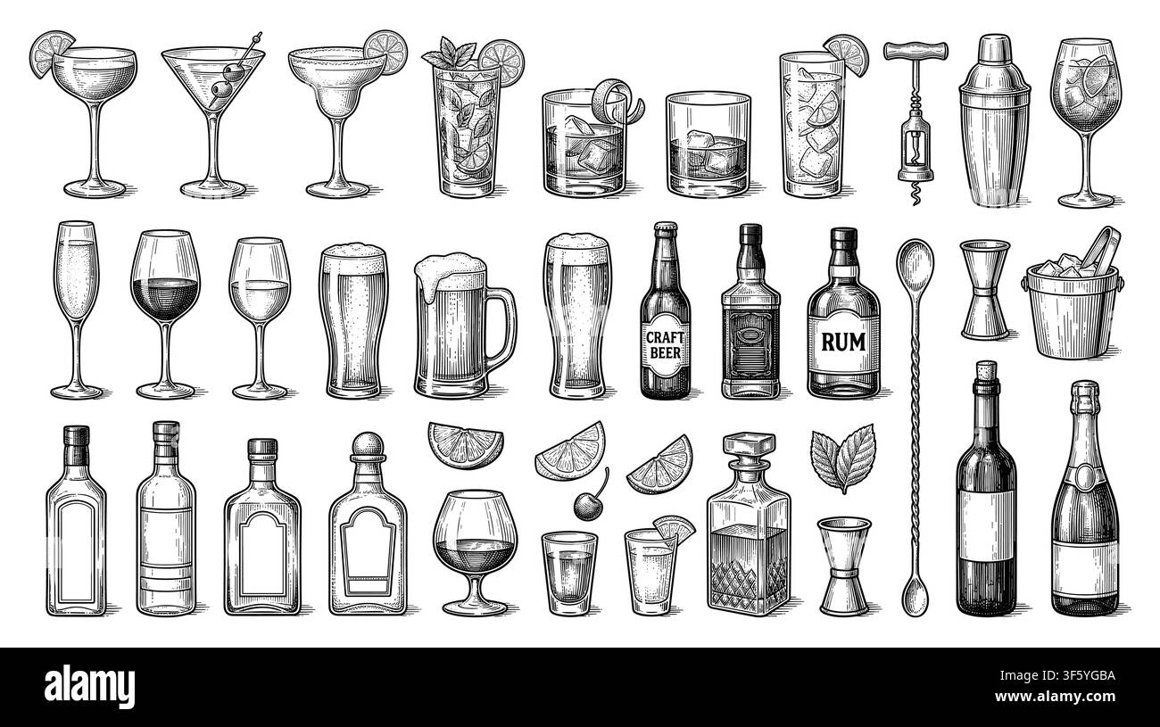 Vector set of bottles for alcohol. Stock Vector