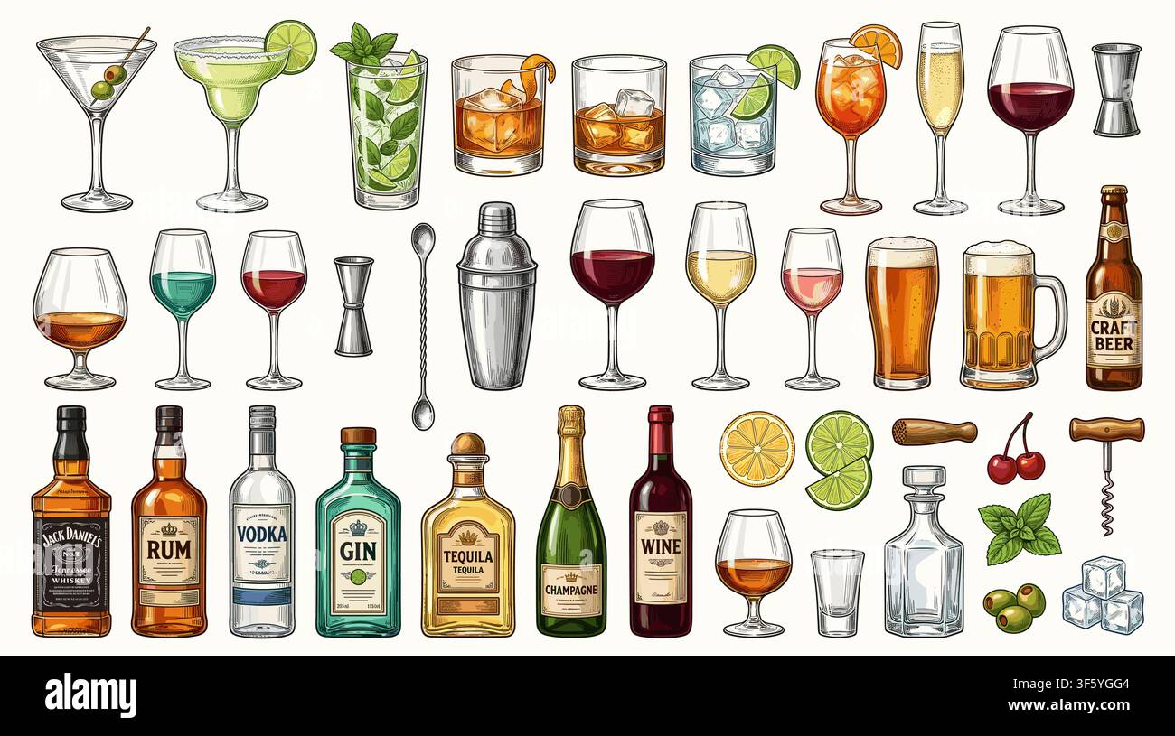 Vector set of bottles for alcohol. Stock Vector