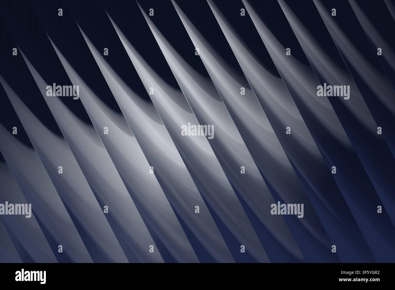 A sleek, monochromatic abstract fractal image showing repeating sharp, diagonal ridges with smooth lighting and deep blue-grey tones. Stock Photo