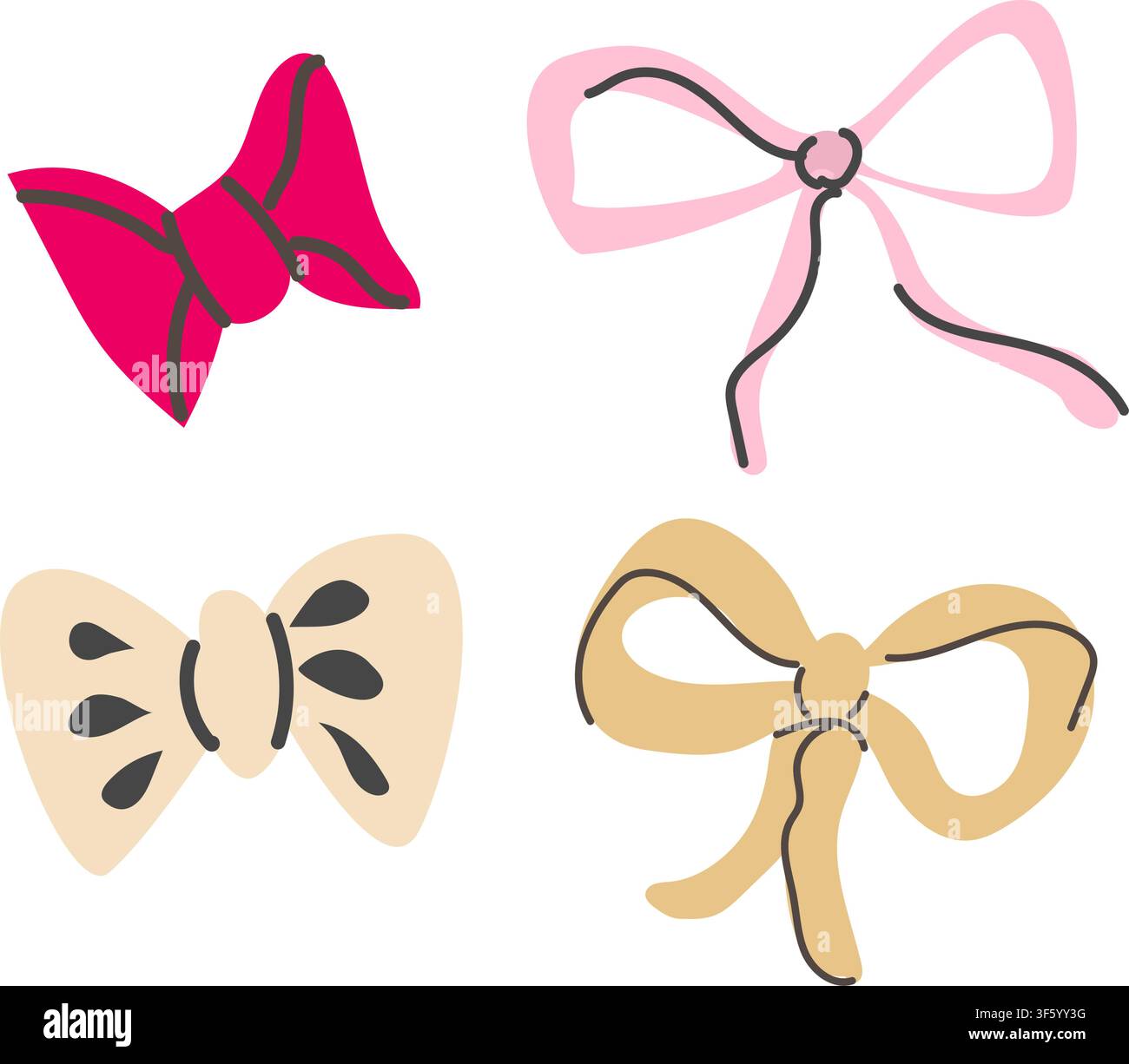 Cute bows, coquette elements set. Girly icons knots. Hand drawn vector illustration in cartoon flat style. Stock Vector