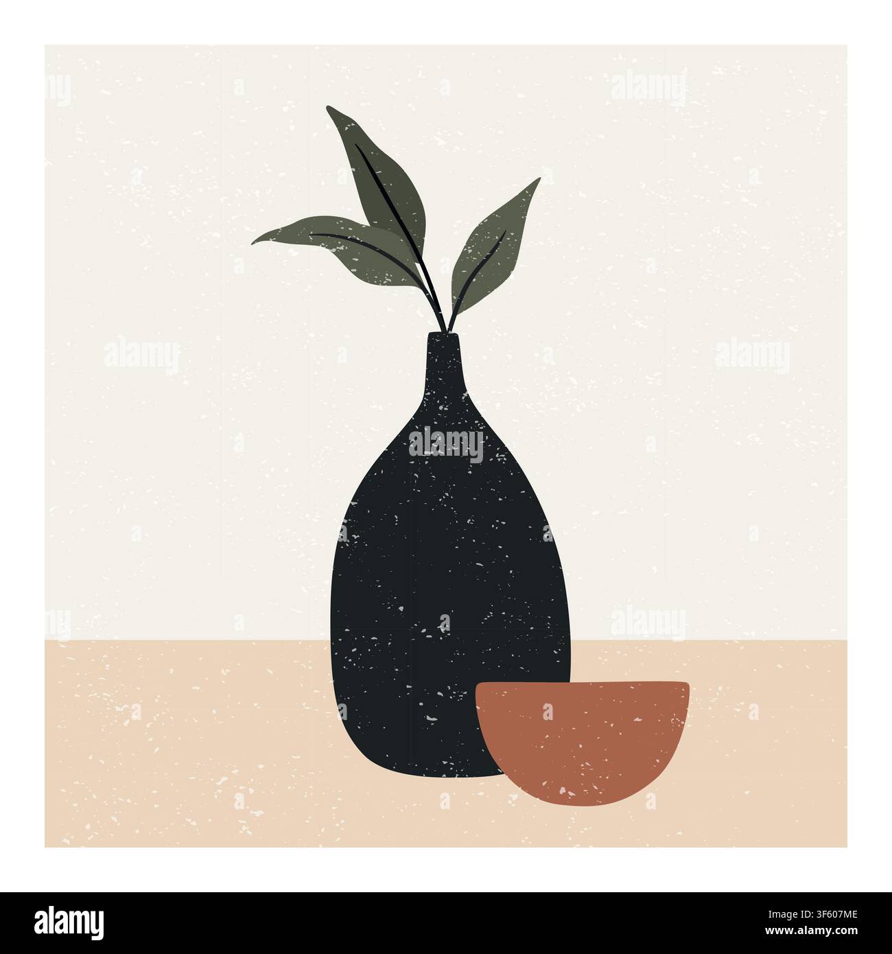 Minimalist Still Life with Black Vase, Vector Illustration. Green Leaves and Terracotta Bowl. Abstract Mid Century Modern Botanical Wall Art Stock Vector